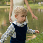 Henry Duvall Long Sleeve Henry Peter Pan Shirt in Prescott Plaid, classic boys fall shirt with Peter Pan collar and button-back, perfect for layering and coordinating sibling outfits