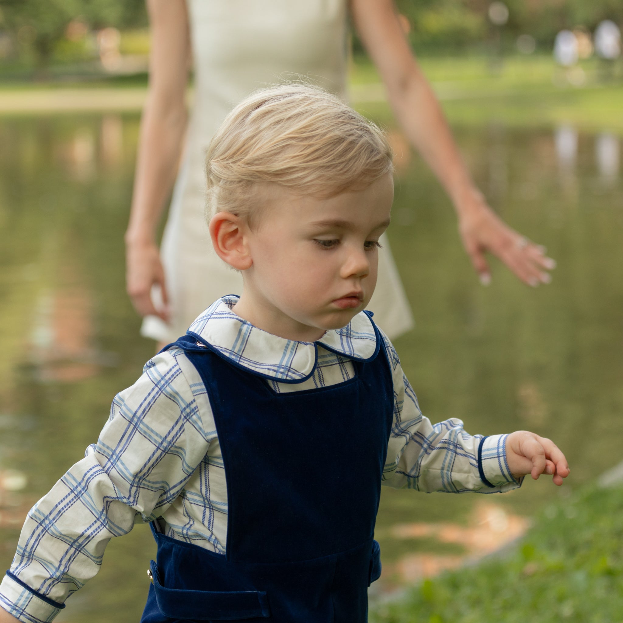 Henry Duvall Long Sleeve Henry Peter Pan Shirt in Prescott Plaid, classic boys fall shirt with Peter Pan collar and button-back, perfect for layering and coordinating sibling outfits