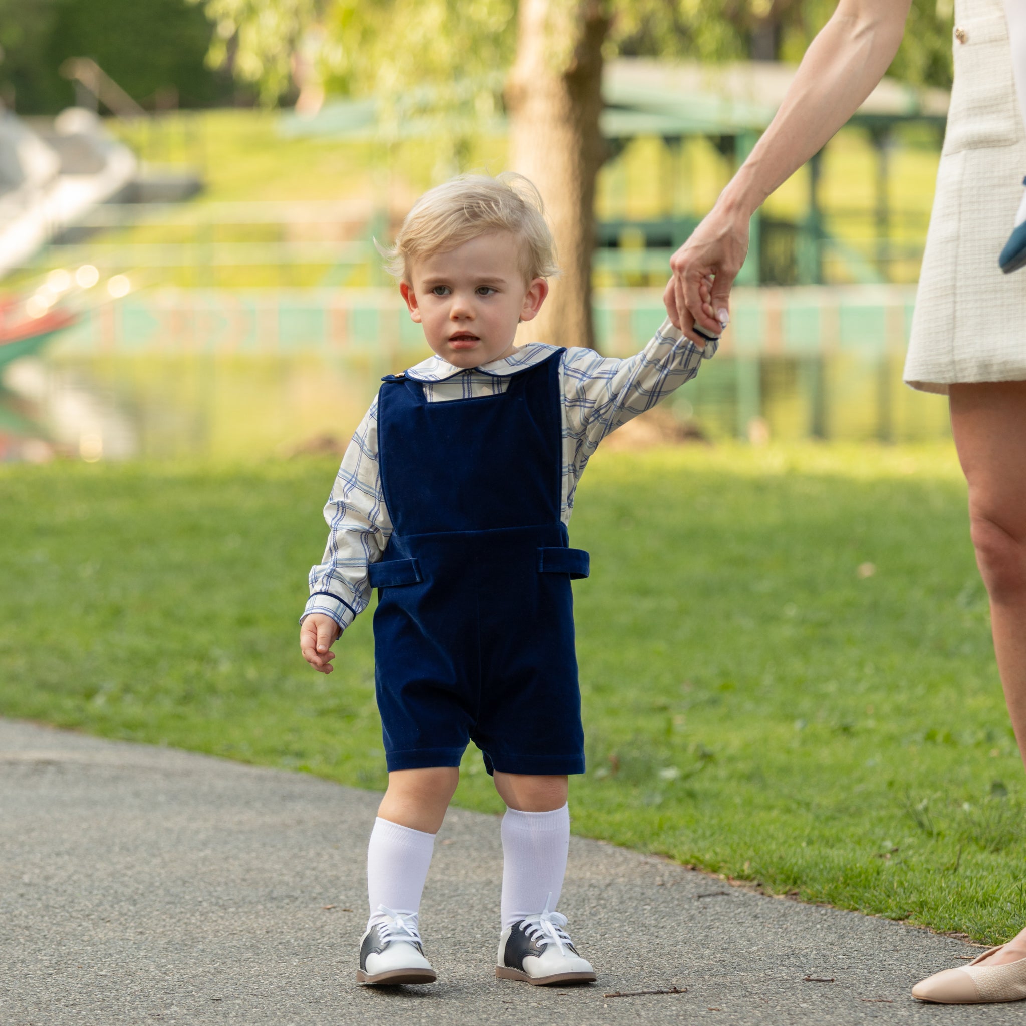 Henry Duvall James Henry Jon Jon in Back Bay Blue Velvet with HD gold buttons, classic baby boy holiday outfit with traditional silhouette and easy stride snaps