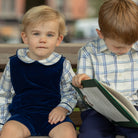 Henry Duvall Bennett Button Down in Prescott Plaid, classic boys fall dress shirt in crisp ivory and blue check, perfect for pairing with velvet trousers and coordinating sibling styles