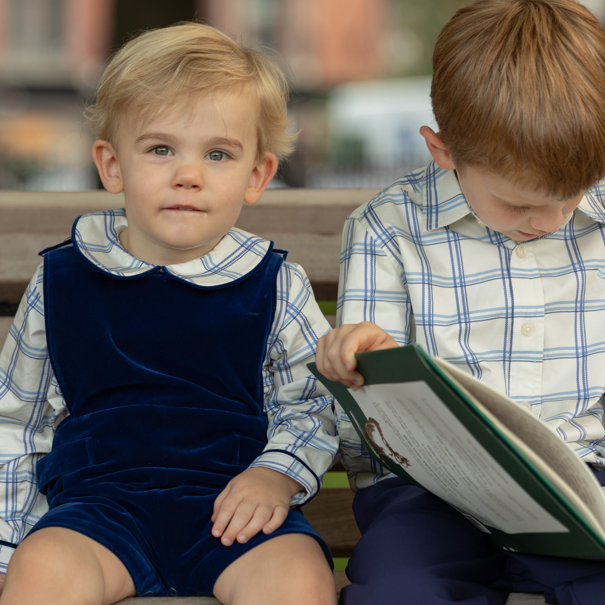Henry Duvall Bennett Button Down in Prescott Plaid, classic boys fall dress shirt in crisp ivory and blue check, perfect for pairing with velvet trousers and coordinating sibling styles