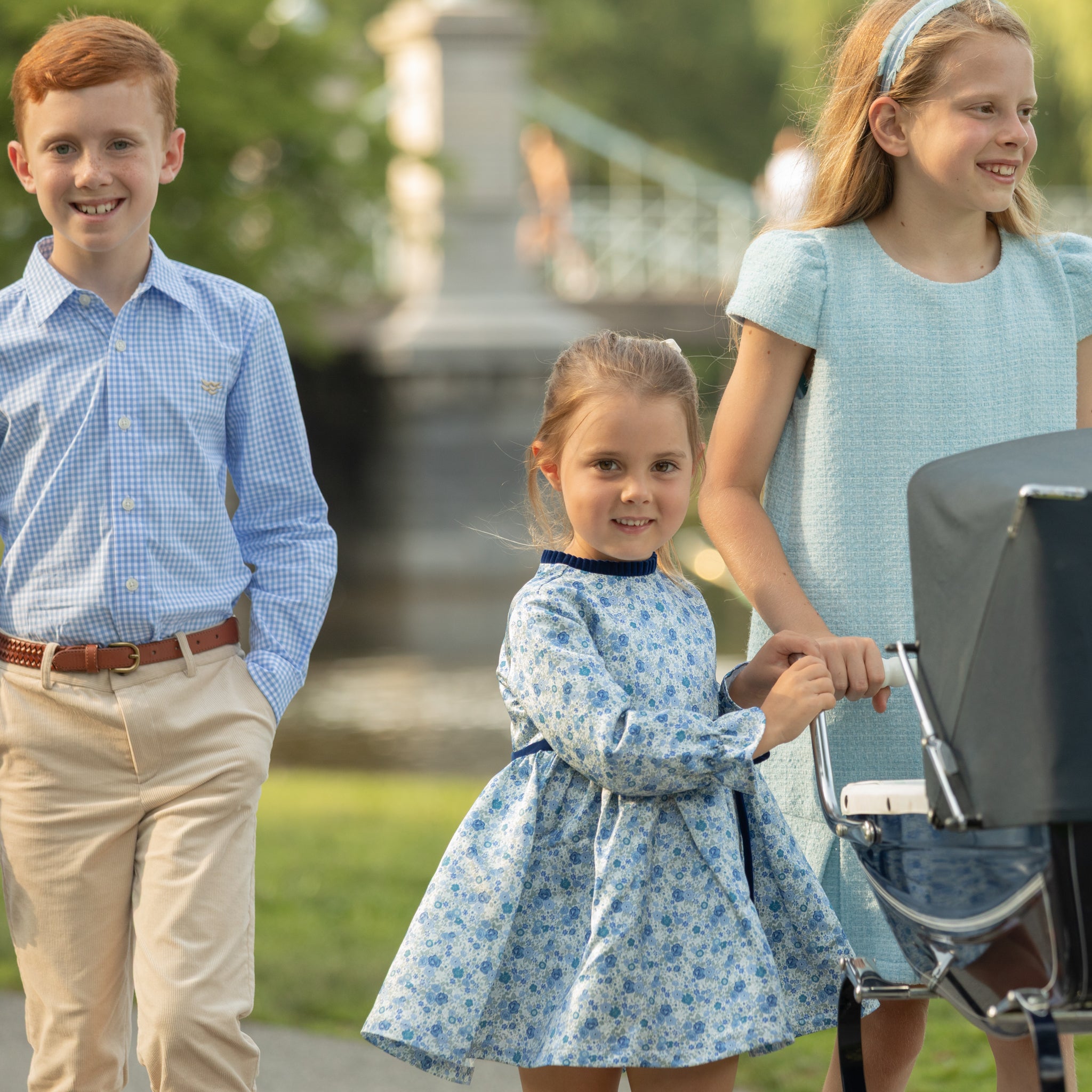 Henry Duvall Bay Tree Blue Tweed Dress for older girls, classic fall tweed dress with cap sleeves and box pleat hem, elegant and age-appropriate for seasonal occasions