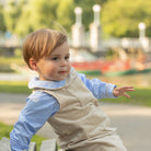 Henry Duvall Oliver Overalls in King’s Way Khaki Corduroy, classic toddler boys fall outfit with relaxed fit, perfect for layering with Peter Pan shirts or coordinating sibling looks