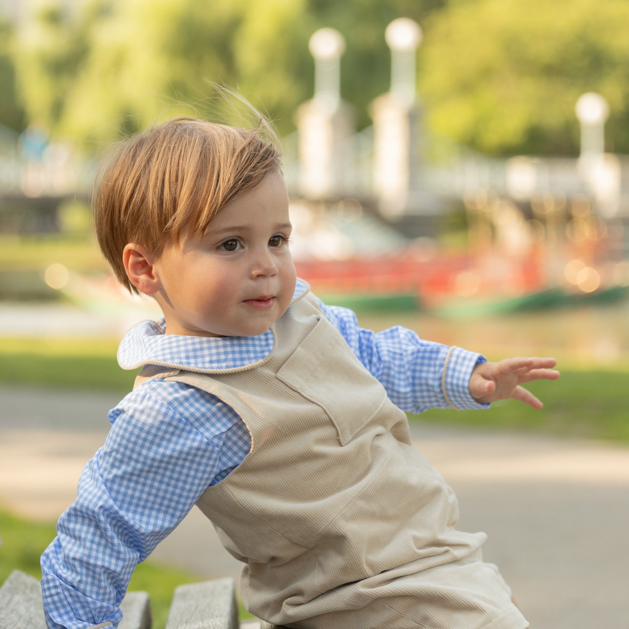 Henry Duvall Oliver Overalls in King’s Way Khaki Corduroy, classic toddler boys fall outfit with relaxed fit, perfect for layering with Peter Pan shirts or coordinating sibling looks