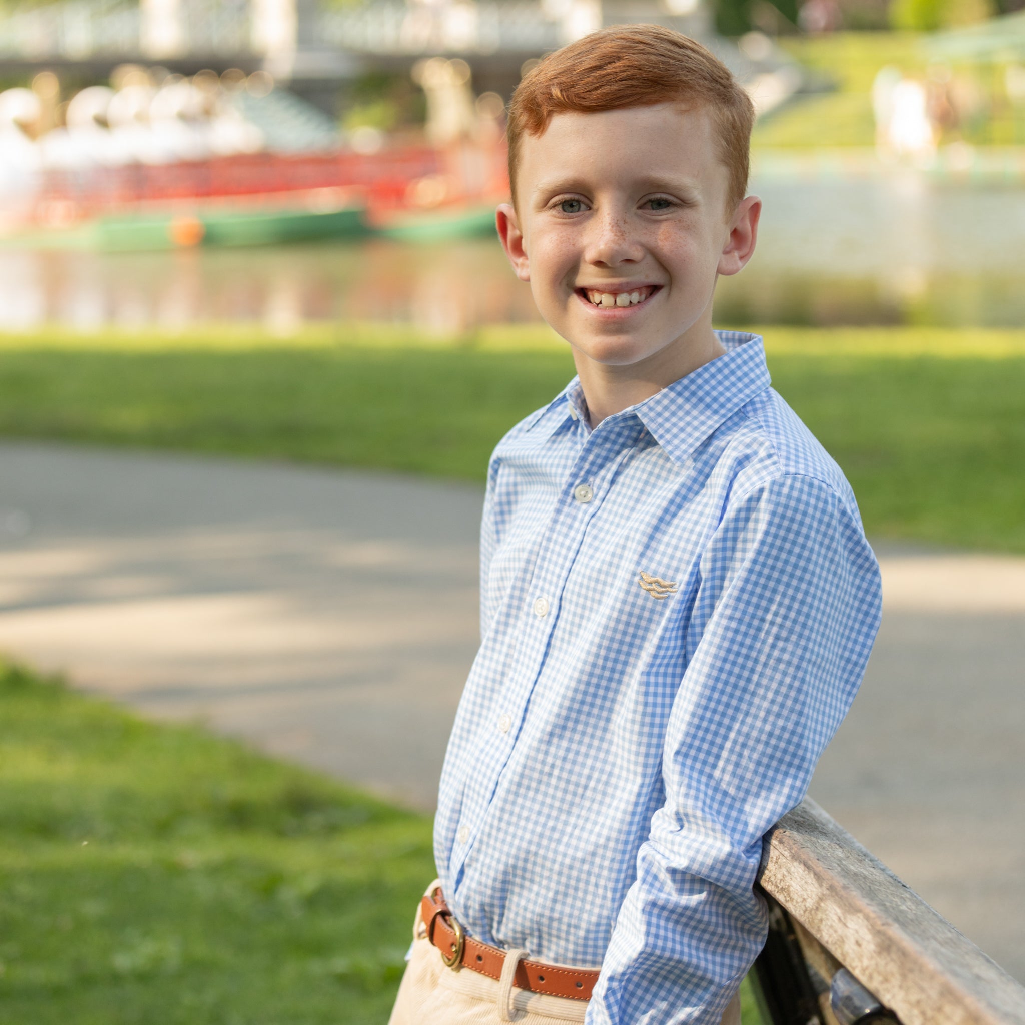 Henry Duvall Bennett Button Down in Charles Street Check blue gingham, classic boys fall dress shirt perfect for pairing with khaki corduroy trousers and coordinating sibling sets