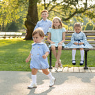 Henry Duvall Banks Bubble in classic blue Charles Street Check with King’s Way Khaki Corduroy trim, classic fall baby boy outfit with covered buttons and diaper snaps