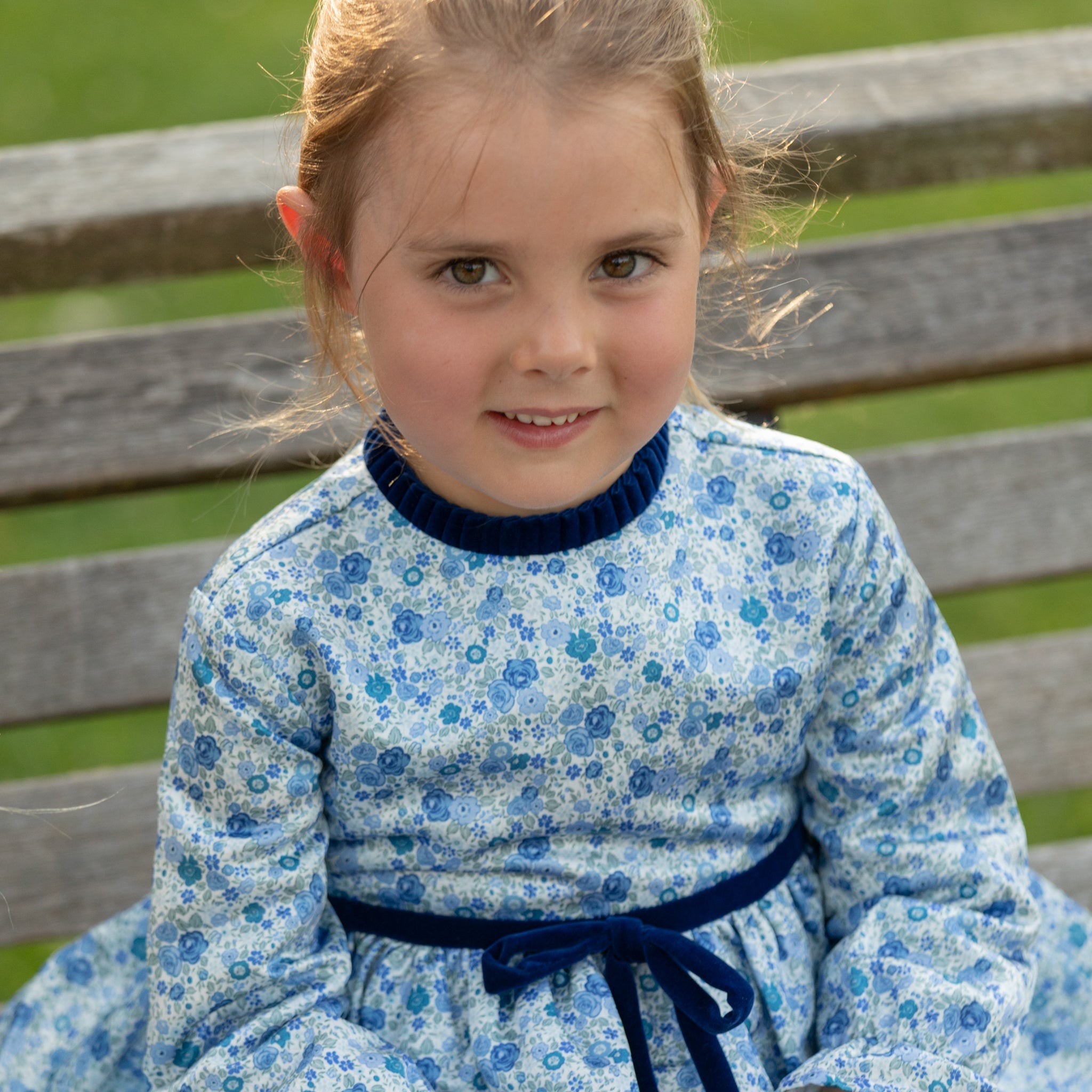 Henry Duvall Hazel Dress in Prescott Petals floral with Back Bay Blue Velvet bow, vintage length fall dress for girls, perfect for sibling sets and mother-daughter matching