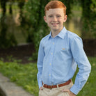 Henry Duvall Bennett Button Down in Charles Street Check blue gingham, classic boys fall dress shirt perfect for pairing with khaki corduroy trousers and coordinating sibling sets