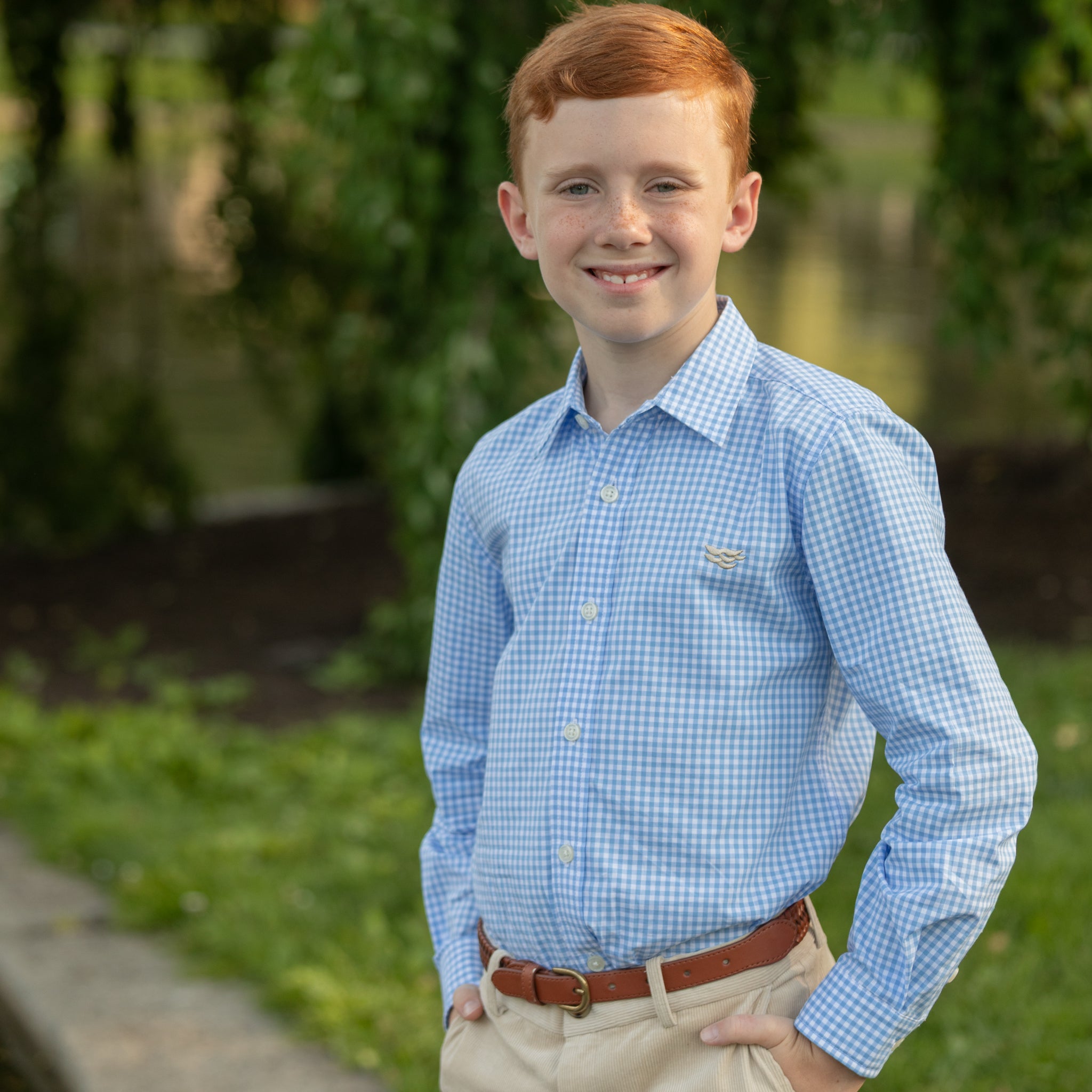 Henry Duvall Bennett Button Down in Charles Street Check blue gingham, classic boys fall dress shirt perfect for pairing with khaki corduroy trousers and coordinating sibling sets