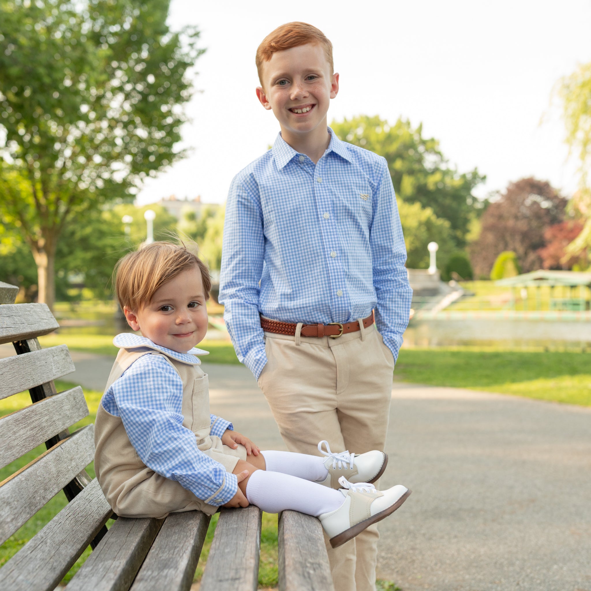 Henry Duvall Bennett Button Down in Charles Street Check blue gingham, classic boys fall dress shirt perfect for pairing with khaki corduroy trousers and coordinating sibling sets
