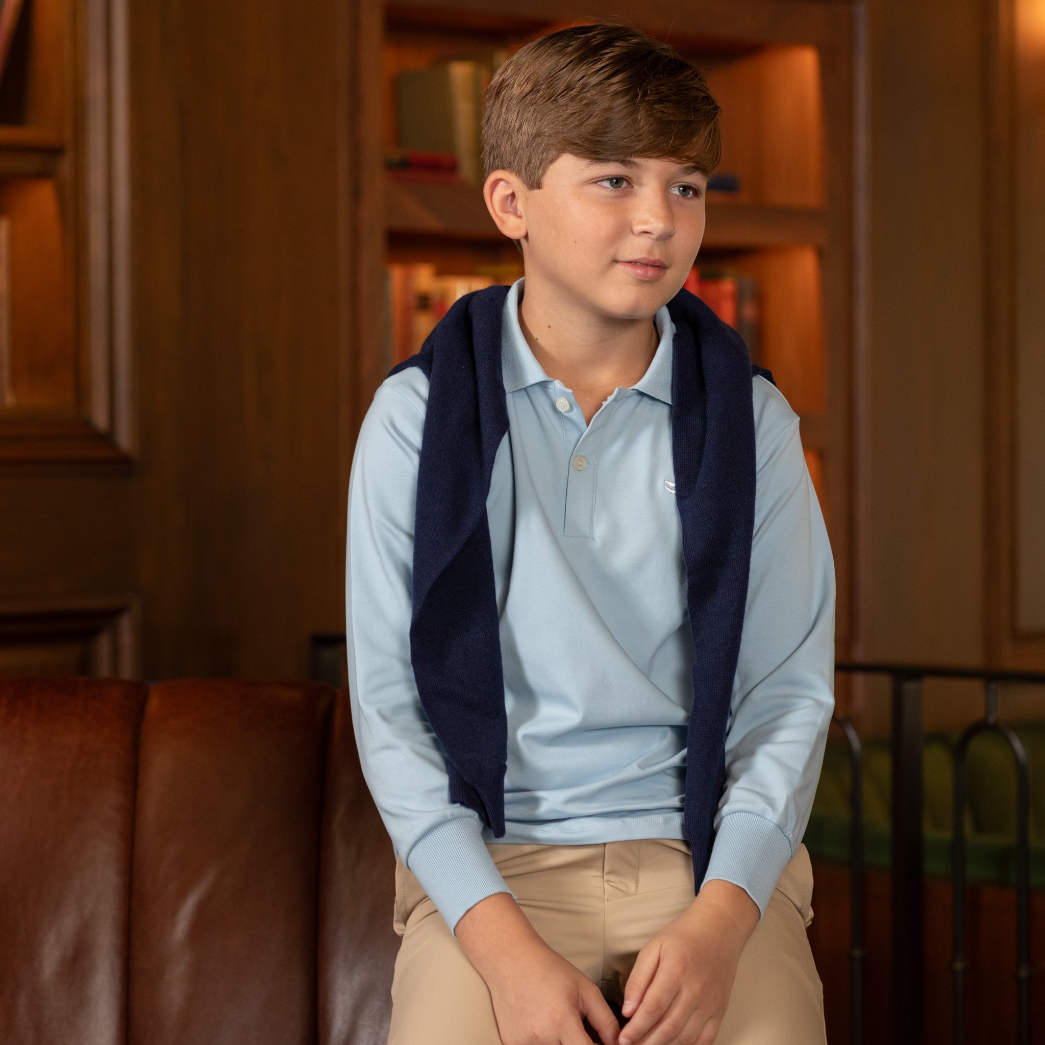 Henry Duvall boys' long sleeve polo shirt in Bay Tree Blue, soft pima cotton collared shirt with tagless design for comfort, classic fall boys' dress shirt alternative