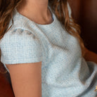 Henry Duvall Bay Tree Blue Tweed Dress for older girls, classic fall tweed dress with cap sleeves and box pleat hem, elegant and age-appropriate for seasonal occasions