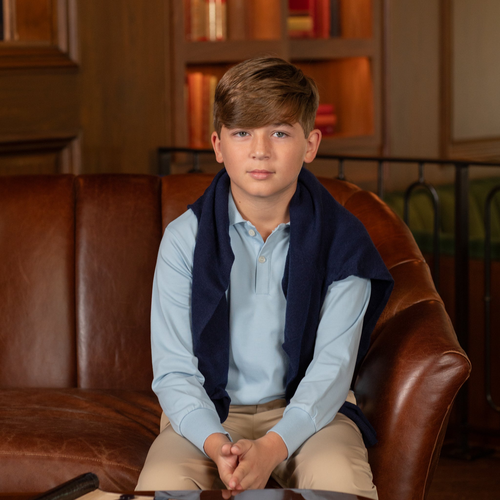 Henry Duvall boys' long sleeve polo shirt in Bay Tree Blue, soft pima cotton collared shirt with tagless design for comfort, classic fall boys' dress shirt alternative
