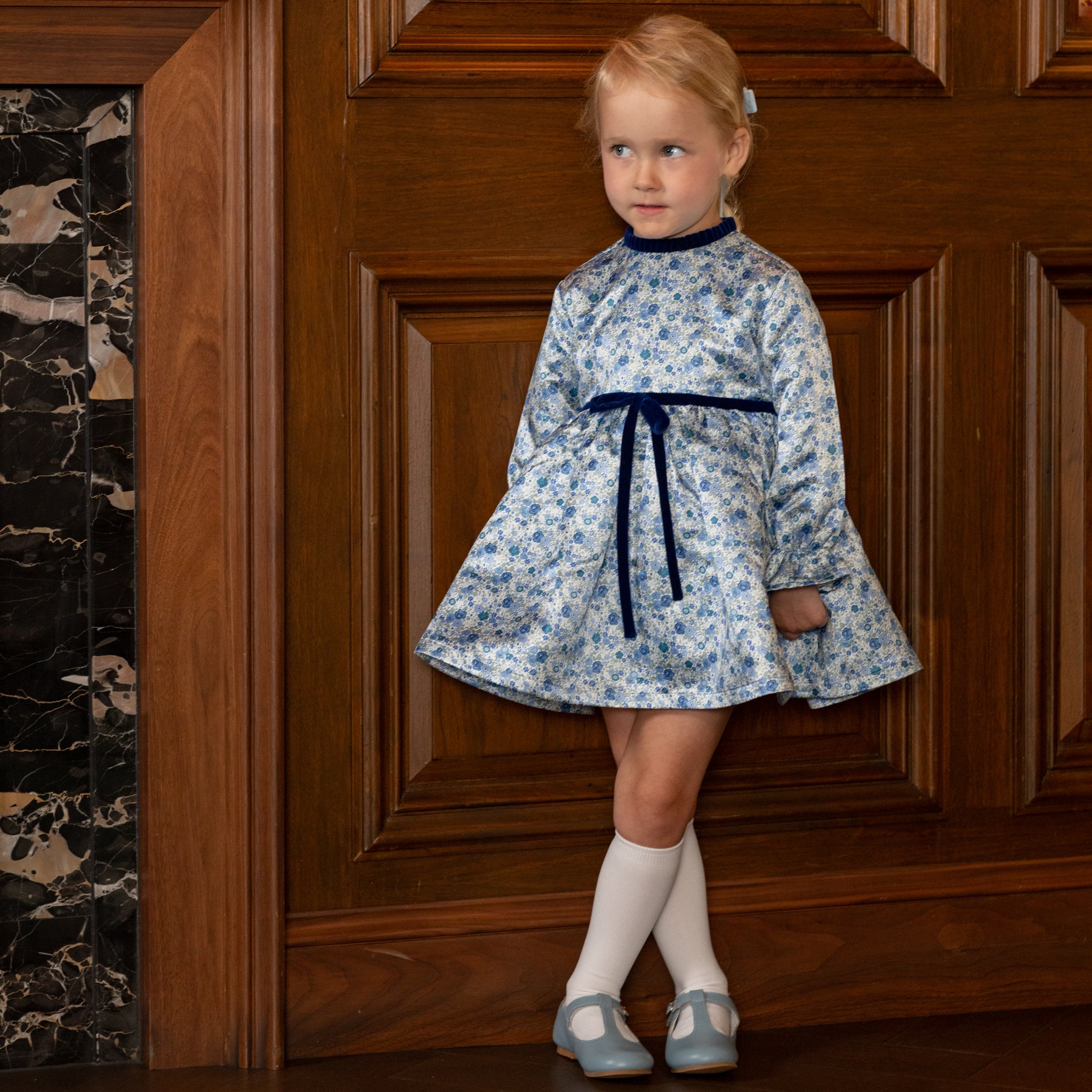 Henry Duvall Hazel Dress in Prescott Petals floral with Back Bay Blue Velvet bow, vintage length fall dress for girls, perfect for sibling sets and mother-daughter matching