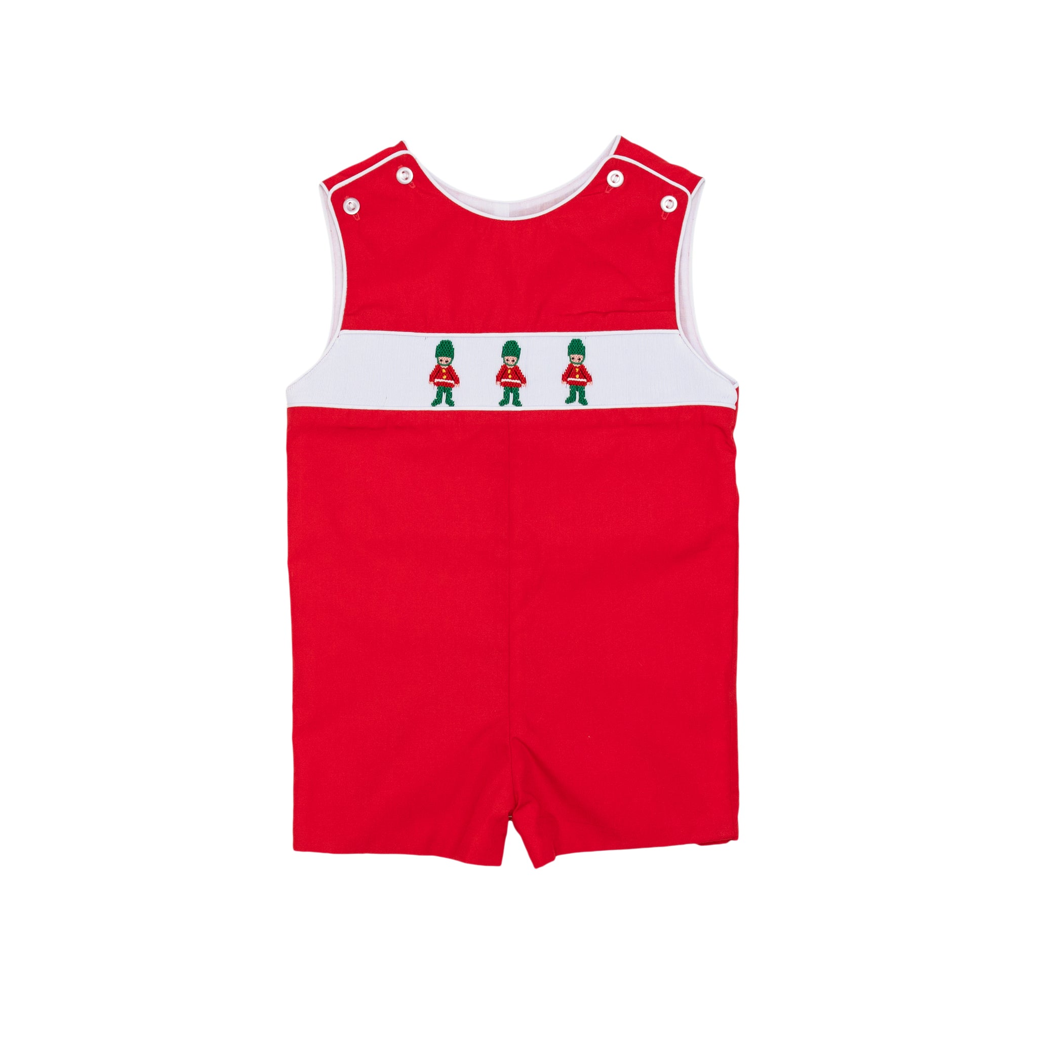 Red boys holiday Jon Jon with toy soldier smocking across the chest, Henry Duvall George Jon Jon in cotton poplin for classic Christmas dressing