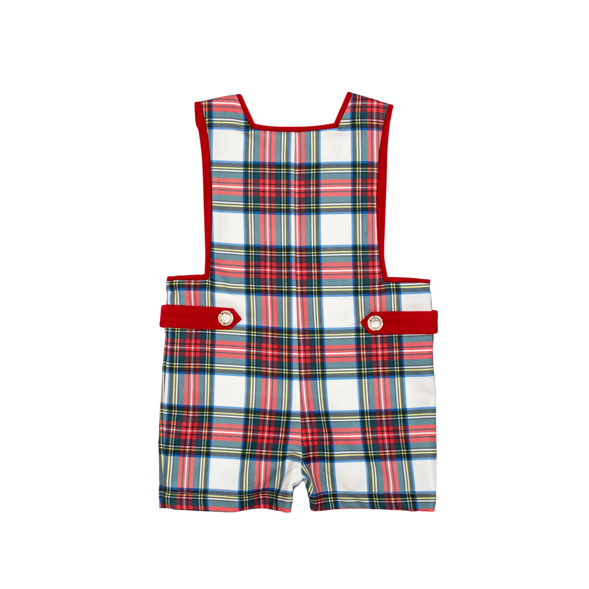 Henry Duvall classic baby boy jon jon in traditional red tartan, heirloom toddler outfit with shoulder buttons and stride snaps, inspired by English heritage style