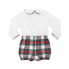 Classic baby boy bubble in traditional red Townsend Tartan with long white sleeves, boy holiday outfit with plaid for family photos