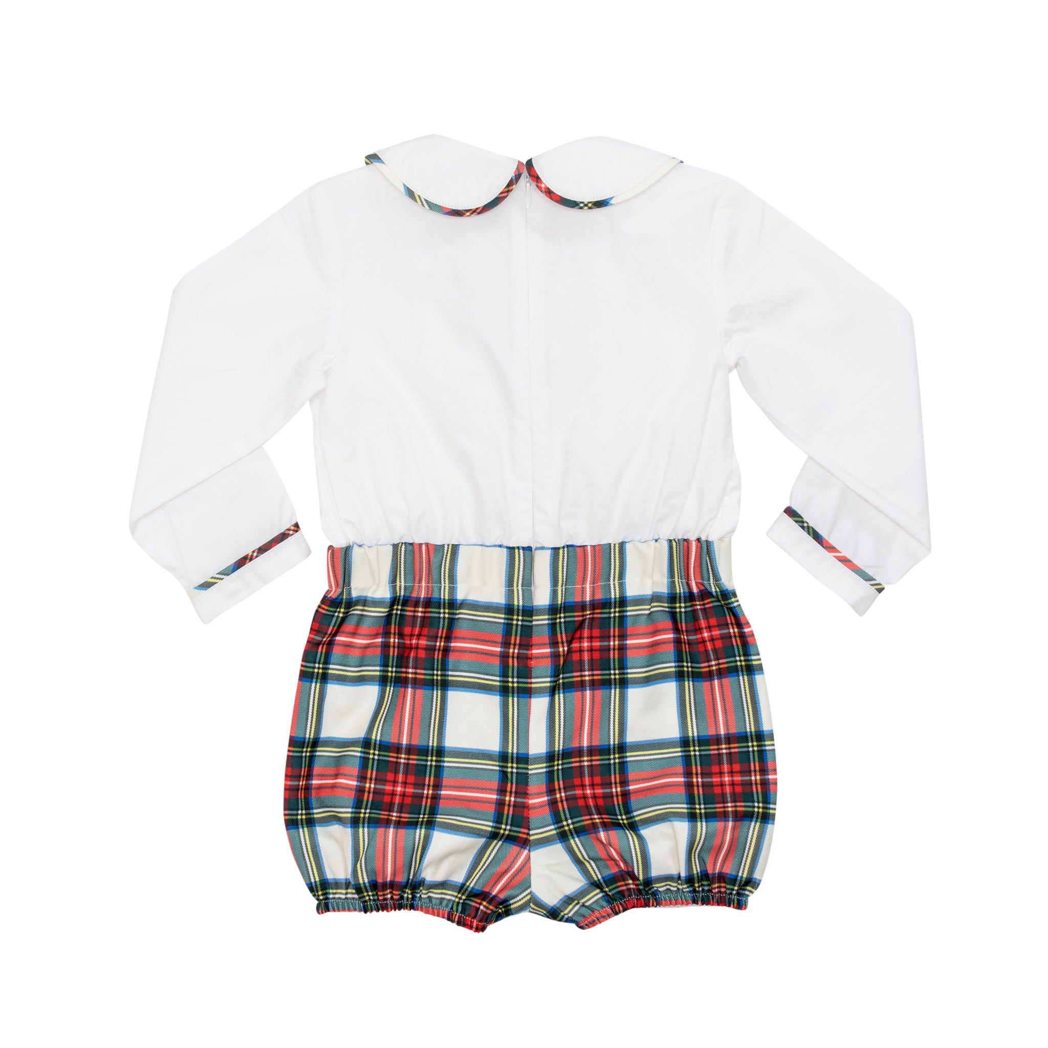 Classic baby boy bubble in traditional red Townsend Tartan with long white sleeves, boy holiday outfit with plaid for family photos