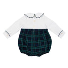 Baby boy holiday bubble in white cotton poplin and Newbury Tartan, long sleeves with snaps for easy changes, coordinates with sibling outfits for festive family photos