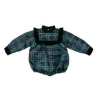 Classic baby girl tartan holiday bubble, Nora Bubble in Newbury Tartan with green velvet trim, perfect for fall family photos and festive occasions by Henry Duvall.