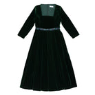 Classic women’s holiday dress in Grafton Green Velvet with tartan bow, elegant Christmas outfit to coordinate with children, Henry Duvall womenswear
