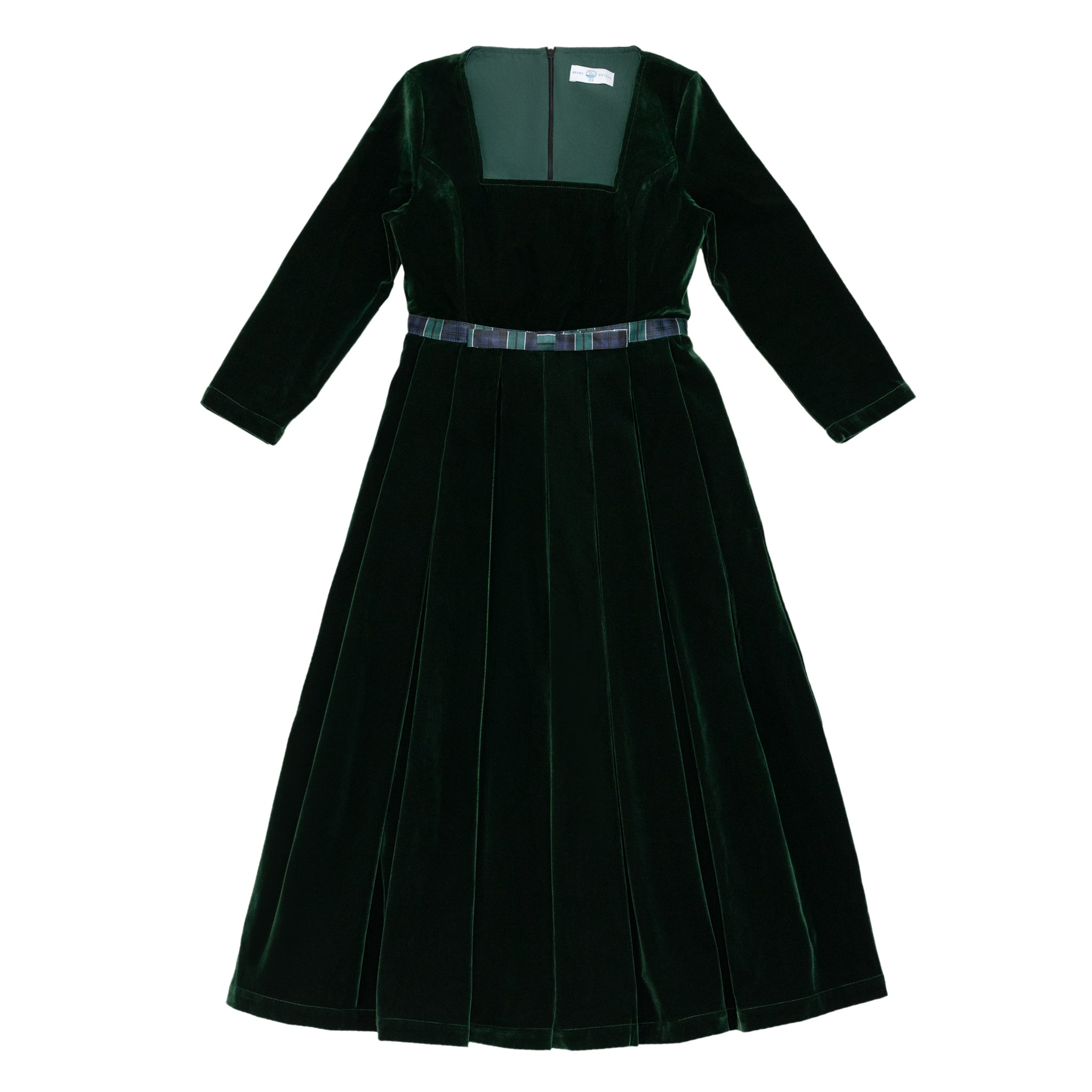 Classic women’s holiday dress in Grafton Green Velvet with tartan bow, elegant Christmas outfit to coordinate with children, Henry Duvall womenswear