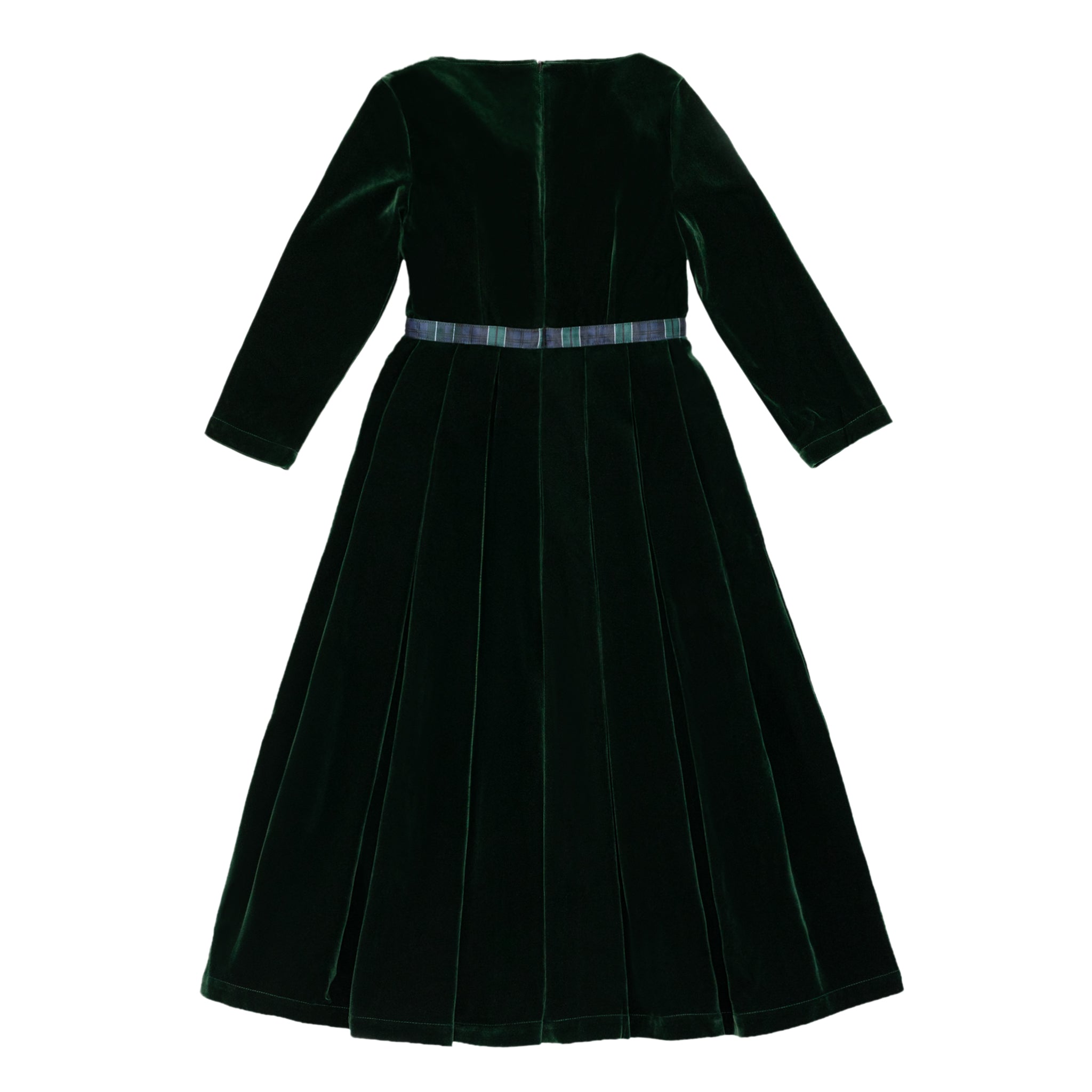 Classic women’s holiday dress in Grafton Green Velvet with tartan bow, elegant Christmas outfit to coordinate with children, Henry Duvall womenswear