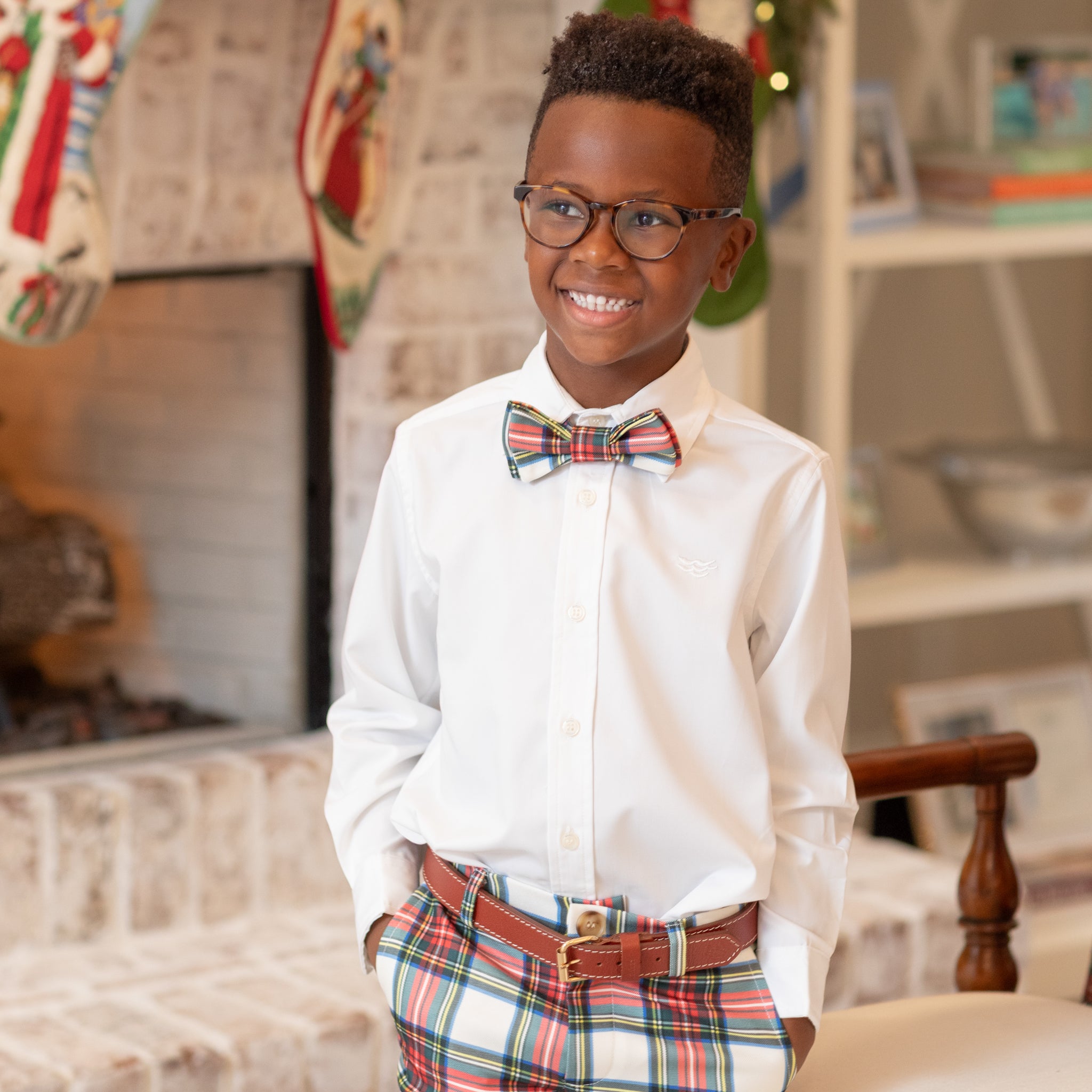 Boys’ adjustable pre-tied bow tie in red and green Townsend Tartan – festive holiday accessory for classic seasonal dressing