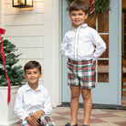 Henry Duvall Sullivan Short Set in red and green Townsend Tartan with tartan-trimmed white top and matching shorts for toddler boys, classic holiday outfit to coordinate with sibling styles.