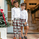Classic boys’ holiday trousers in traditional Townsend Tartan with red and green plaid – perfect for family photos and festive occasions