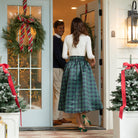 Henry Duvall Audrey Skirt for women in green and navy Newbury Tartan, classic holiday plaid skirt with flattering pleats and timeless silhouette, perfect for festive gatherings and family photos