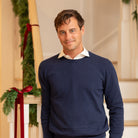 Men’s classic navy crewneck sweater by Henry Duvall, soft anti-pilling knit for fall layering, coordinates with children's styles for timeless father-son looks