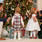 Henry Duvall classic baby boy jon jon in traditional red tartan, heirloom toddler outfit with shoulder buttons and stride snaps, inspired by English heritage style