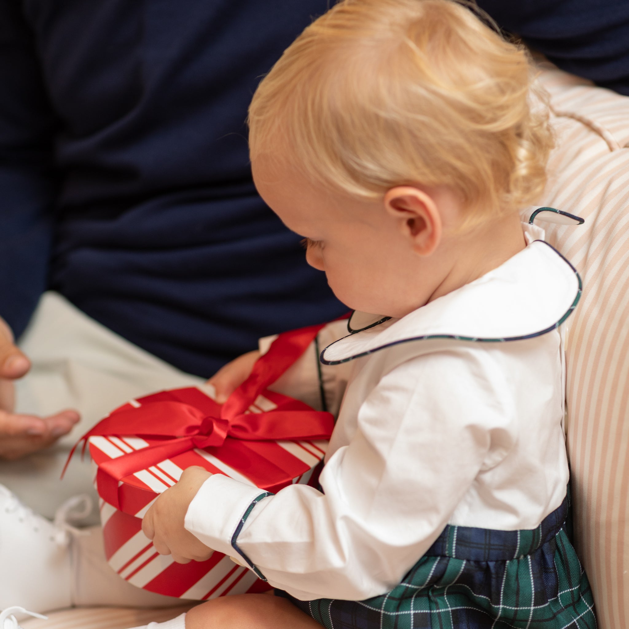 Baby boy holiday bubble in white cotton poplin and Newbury Tartan, long sleeves with snaps for easy changes, coordinates with sibling outfits for festive family photos