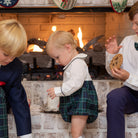 Baby boy holiday bubble in white cotton poplin and Newbury Tartan, long sleeves with snaps for easy changes, coordinates with sibling outfits for festive family photos