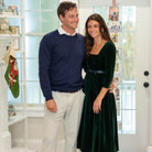 Classic women’s holiday dress in Grafton Green Velvet with tartan bow, elegant Christmas outfit to coordinate with children, Henry Duvall womenswear