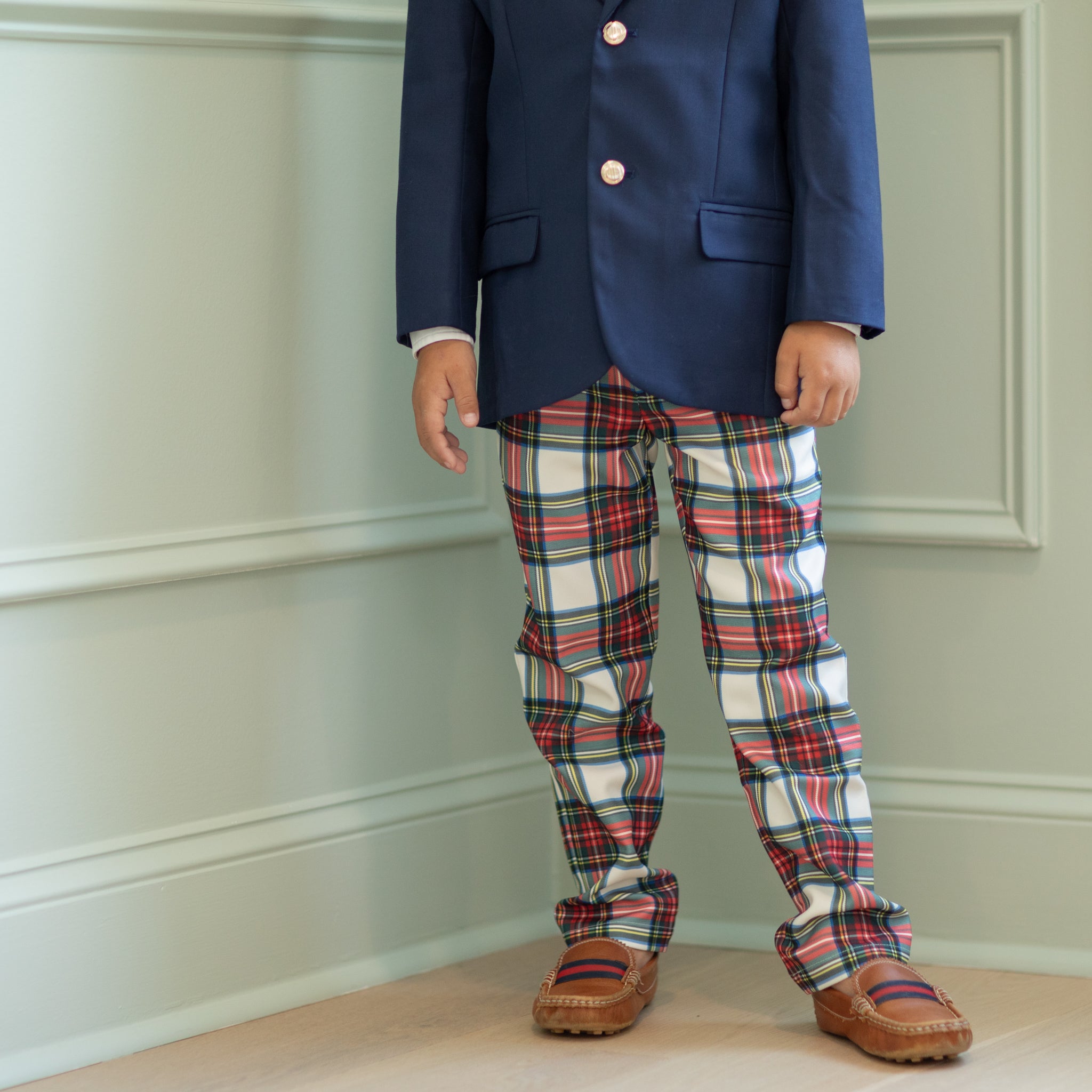 Classic boys’ holiday trousers in traditional Townsend Tartan with red and green plaid – perfect for family photos and festive occasions