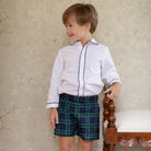 Boys holiday short set in Newbury Tartan with white poplin top and tartan trim, festive Christmas outfit for boys with coordinating sibling options