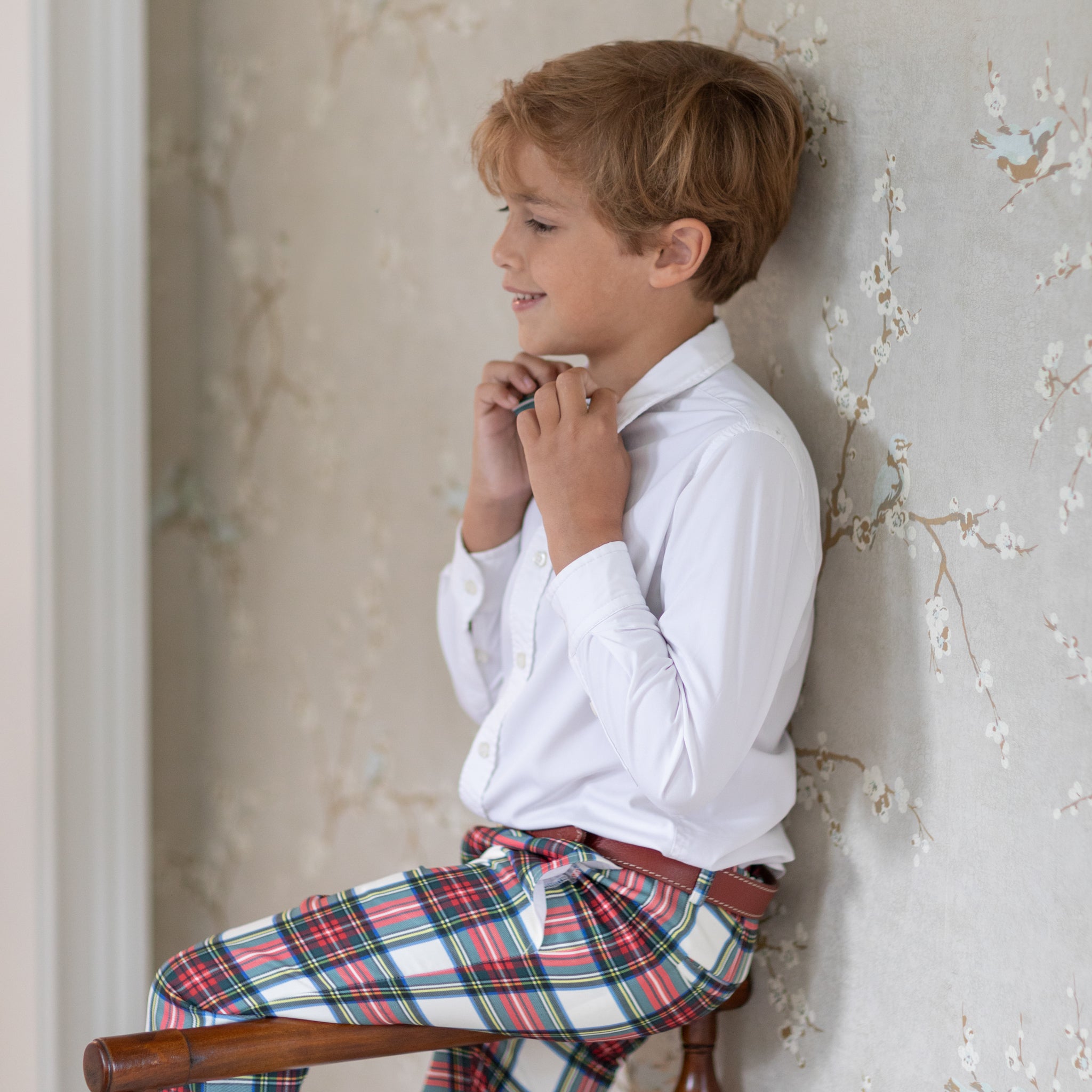 Classic boys’ holiday trousers in traditional Townsend Tartan with red and green plaid – perfect for family photos and festive occasions