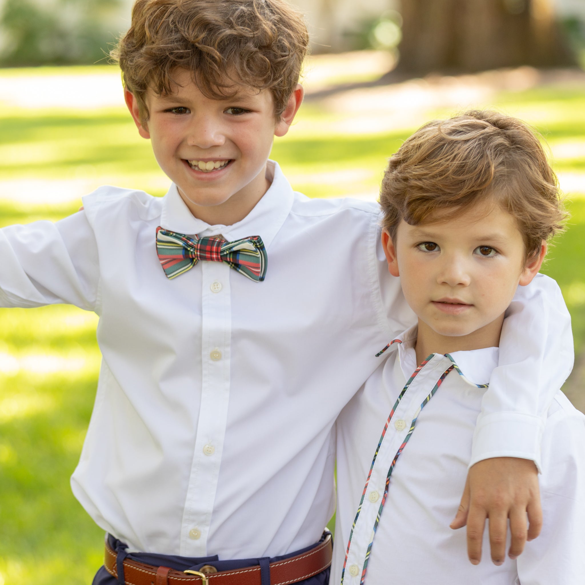 Henry Duvall Sullivan Short Set in red and green Townsend Tartan with tartan-trimmed white top and matching shorts for toddler boys, classic holiday outfit to coordinate with sibling styles.