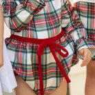 Baby girl holiday bubble in Townsend Tartan with bow waist detail, classic plaid design for fall and holiday photos – Henry Duvall timeless baby outfit