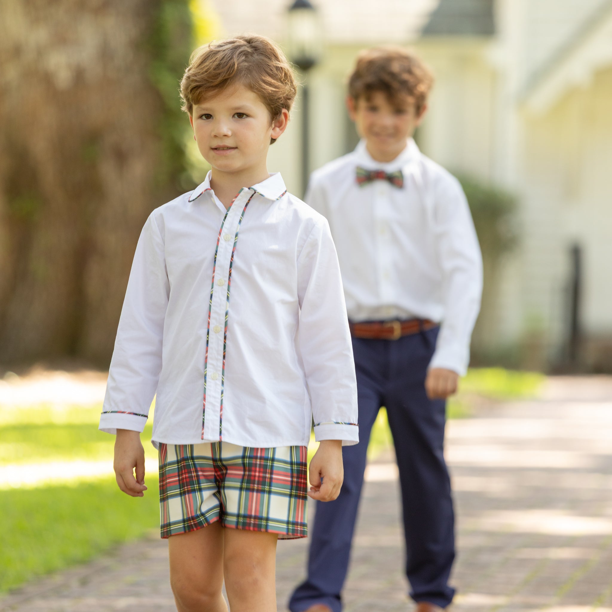 Henry Duvall Sullivan Short Set in red and green Townsend Tartan with tartan-trimmed white top and matching shorts for toddler boys, classic holiday outfit to coordinate with sibling styles.