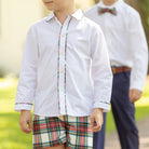 Henry Duvall Sullivan Short Set in red and green Townsend Tartan with tartan-trimmed white top and matching shorts for toddler boys, classic holiday outfit to coordinate with sibling styles.