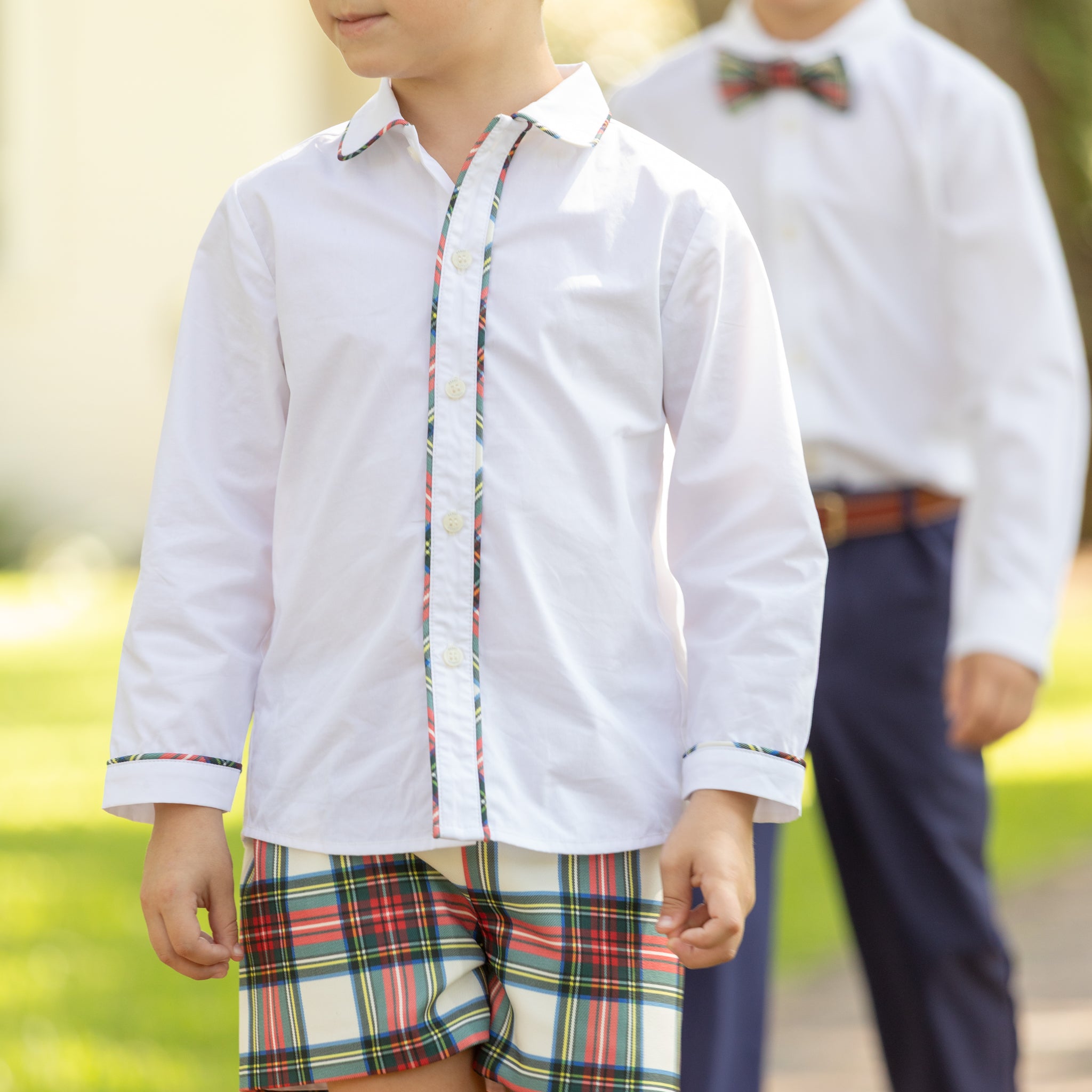 Henry Duvall Sullivan Short Set in red and green Townsend Tartan with tartan-trimmed white top and matching shorts for toddler boys, classic holiday outfit to coordinate with sibling styles.