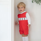 Red boys holiday Jon Jon with toy soldier smocking across the chest, Henry Duvall George Jon Jon in cotton poplin for classic Christmas dressing