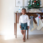 Boys holiday short set in Newbury Tartan with white poplin top and tartan trim, festive Christmas outfit for boys with coordinating sibling options