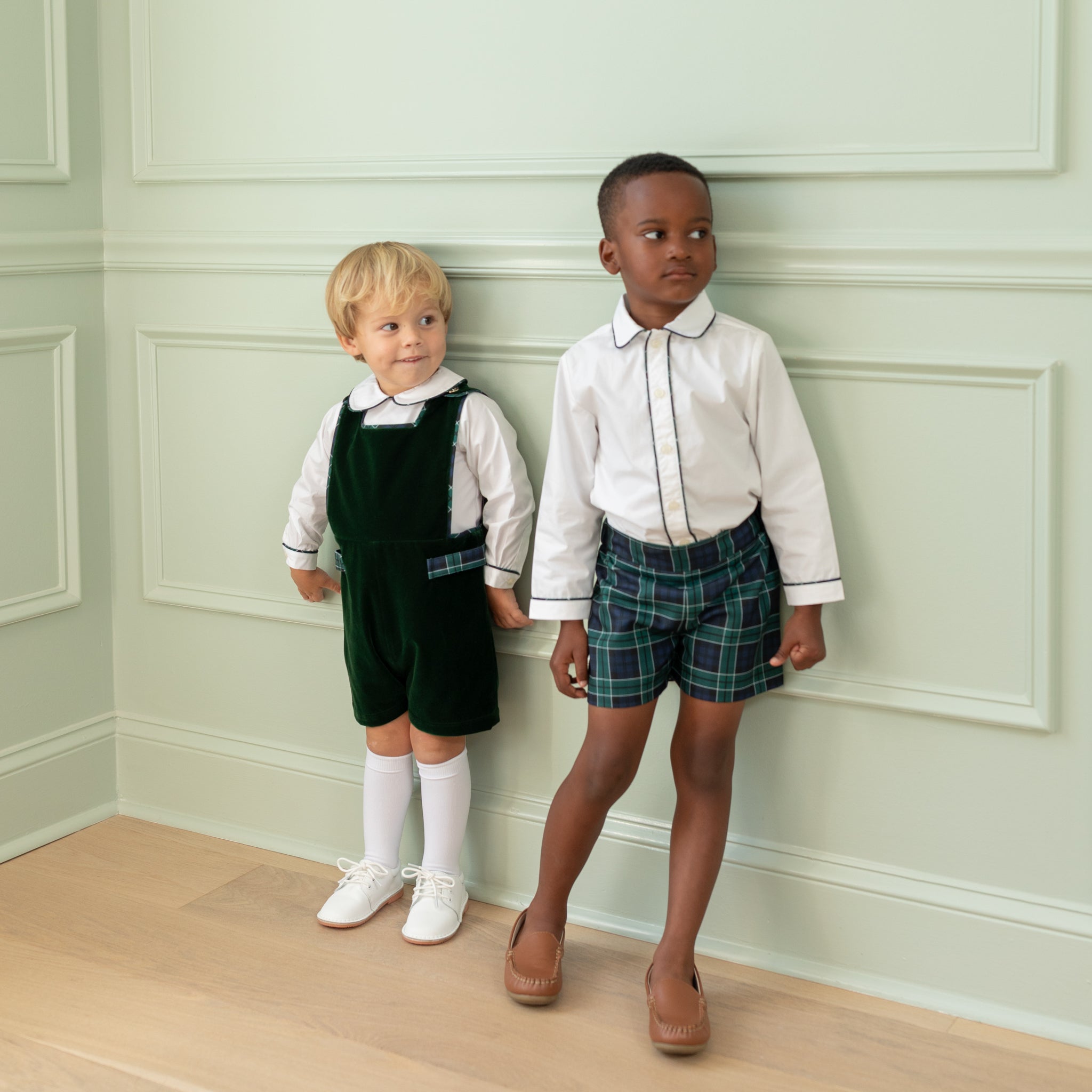 Henry Duvall boys Jon Jon in Grafton Green Velvet with Newbury Tartan trim and gold signature buttons, classic toddler holiday outfit