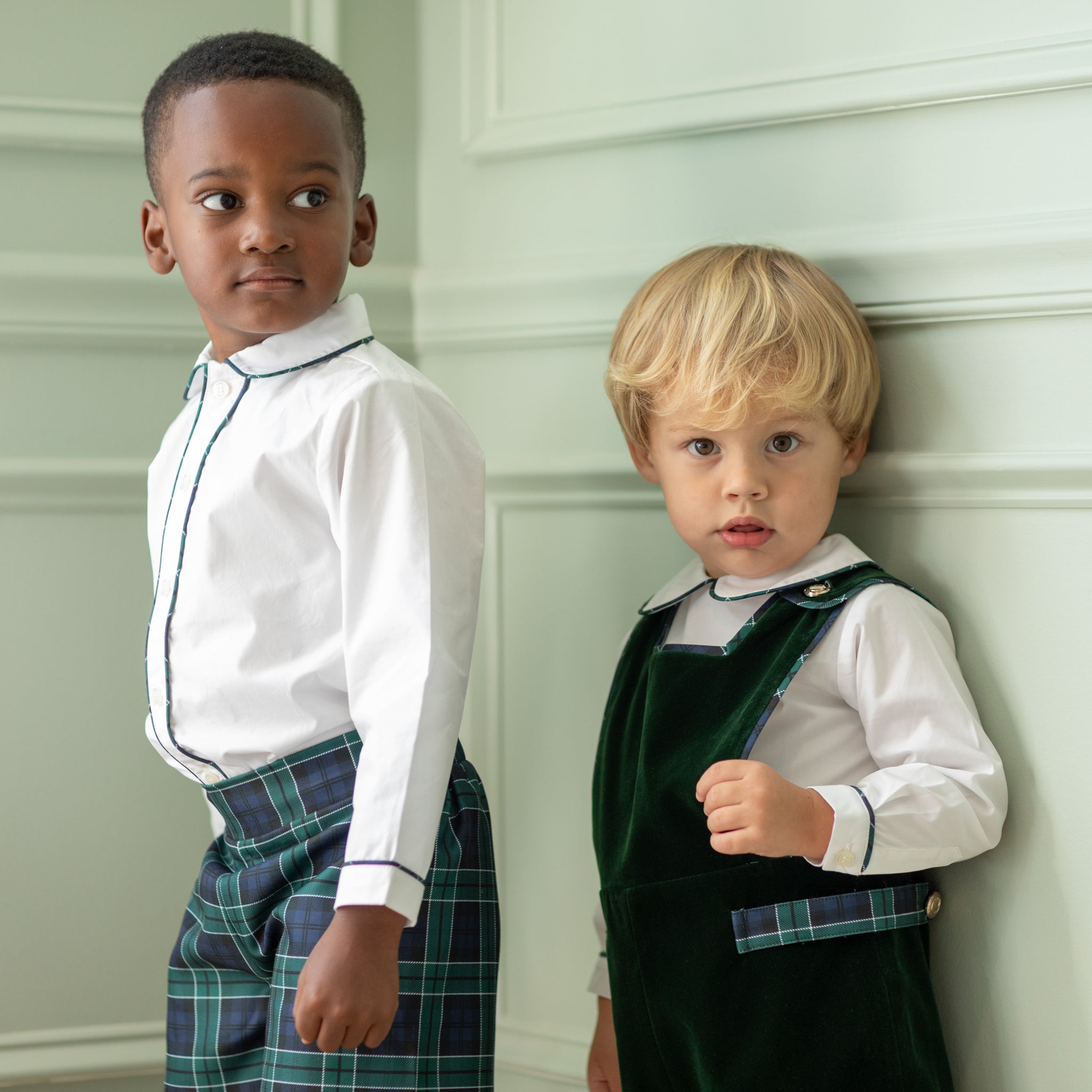 Henry Duvall boys Jon Jon in Grafton Green Velvet with Newbury Tartan trim and gold signature buttons, classic toddler holiday outfit