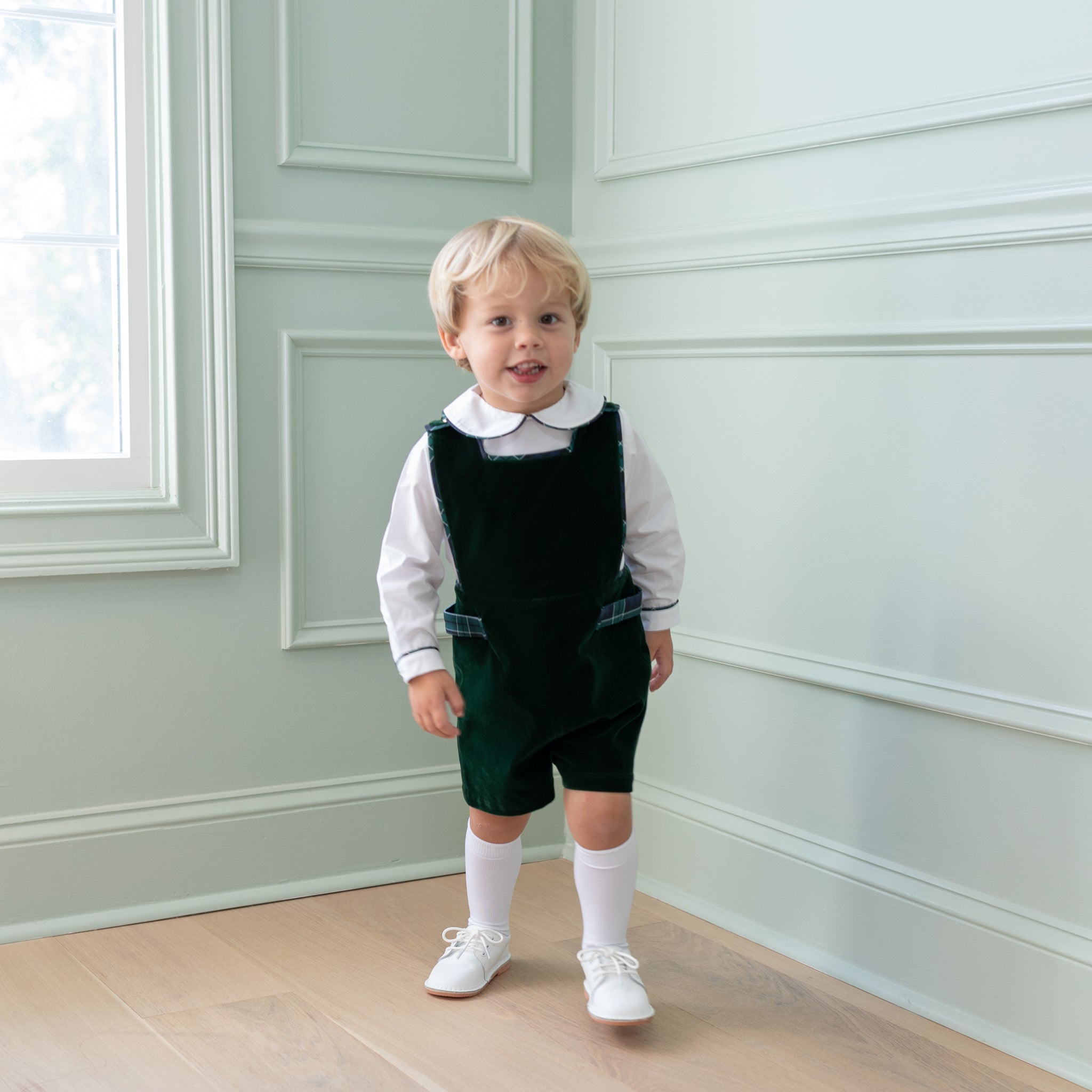 Henry Duvall boys Jon Jon in Grafton Green Velvet with Newbury Tartan trim and gold signature buttons, classic toddler holiday outfit