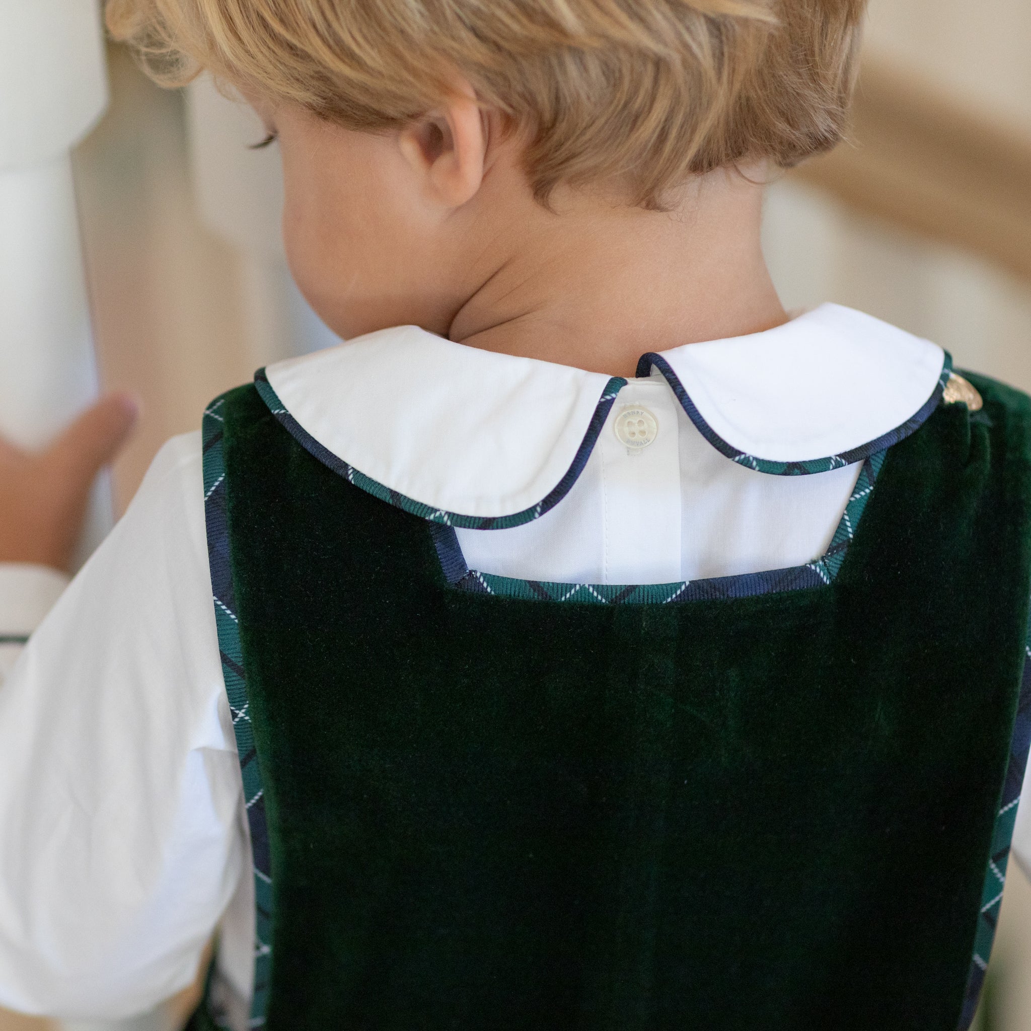 Henry Duvall boys Jon Jon in Grafton Green Velvet with Newbury Tartan trim and gold signature buttons, classic toddler holiday outfit